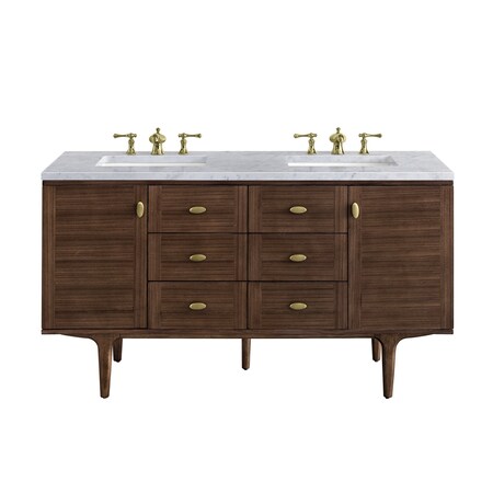 James Martin Vanities Amberly 60in Double Vanity, Mid-Century Walnut w/ 3 CM Carrara Marble Top 670-V60D-WLT-3CAR